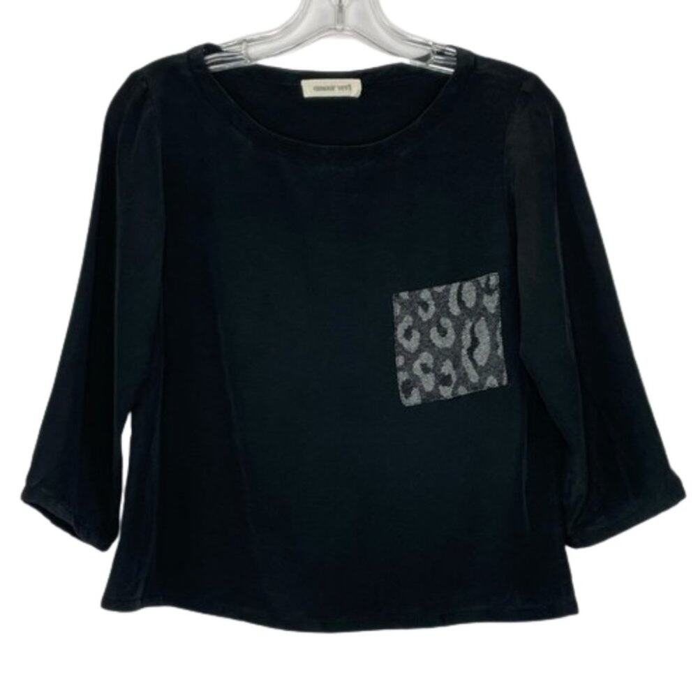 Amour Vert black silky blouse with cheetah pocket animal print
